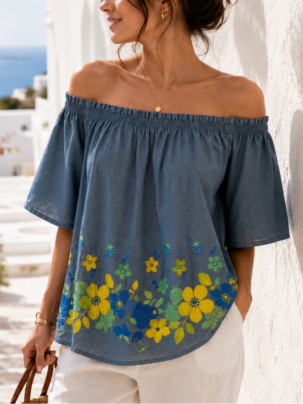 NWT Elmas Phil Off-The-Shoulder Floral Embroidered Chambray Top Size S